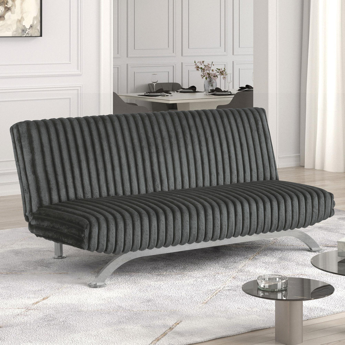 Avalon Finish Contemporary Style Futon Sofa Bed Convert Into Bed With Hidden Support Metal Leg chrome Finish Base Legs