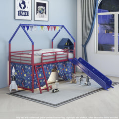 Agamemnon Metal Junior House Twin Loft Bed with Slide and Curtain Set, Super Hero Color Red and Blue