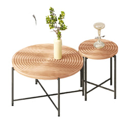 2-Piece Coffee and End Table Set – Waterproof MDF with PVC Cover, Distressed Cylindrical Design, Black Metal Legs – Classic Rustic Charm, Red Cedar-Brown