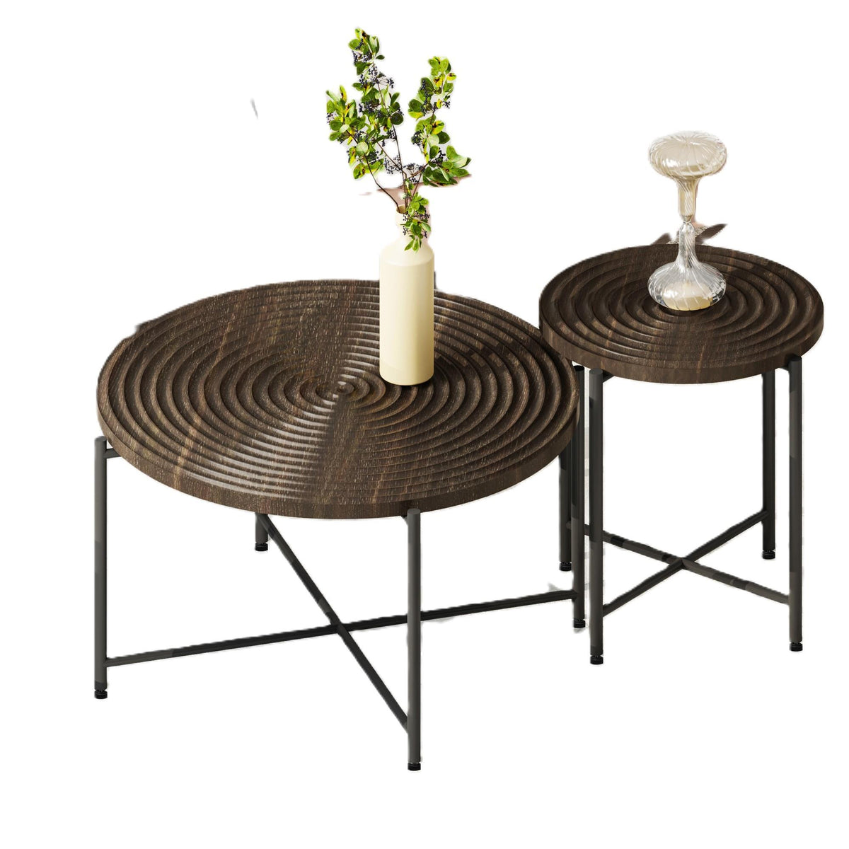 2-Piece Coffee and End Table Set – Waterproof MDF with PVC Cover, Distressed Cylindrical Design, Black Metal Legs – Classic Rustic Charm, Dark Walnut