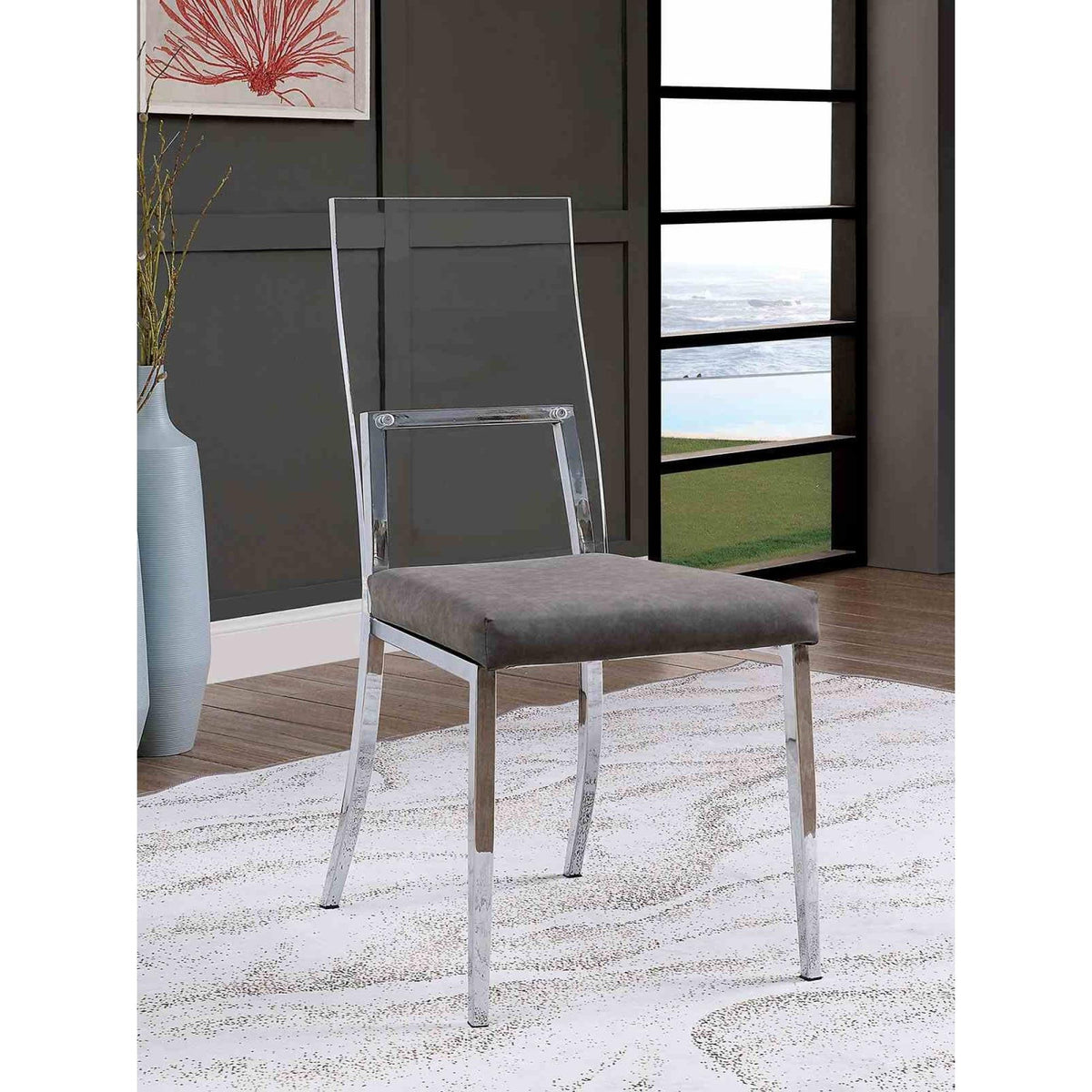 Contemporary Style 2pc Side Chair Minimalist Design Metal Legs Acrylic Back Chrome Finish Dining Room