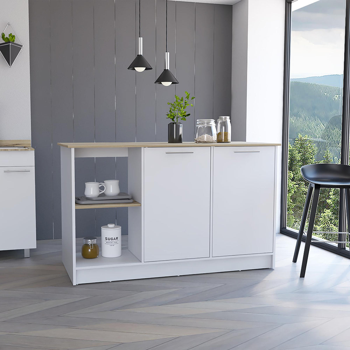 Poem Kitchen Island, Four Open Shelves, Two Cabinets -Light Oak / White