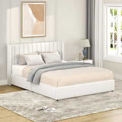 Odyssey Patented 2-Drawers Storage Bed Queen Size Ivory Boucle Upholstered Platform Bed, Tufted Headboard, Wooden Slat Mattress Support, No Box Spring Needed