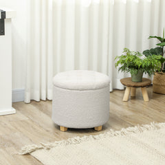 18" Round Ottoman with Storage, Teddy Fleece Button Tufted Foot Stool with Lid, Wood Legs for Living Room Hallway, White
