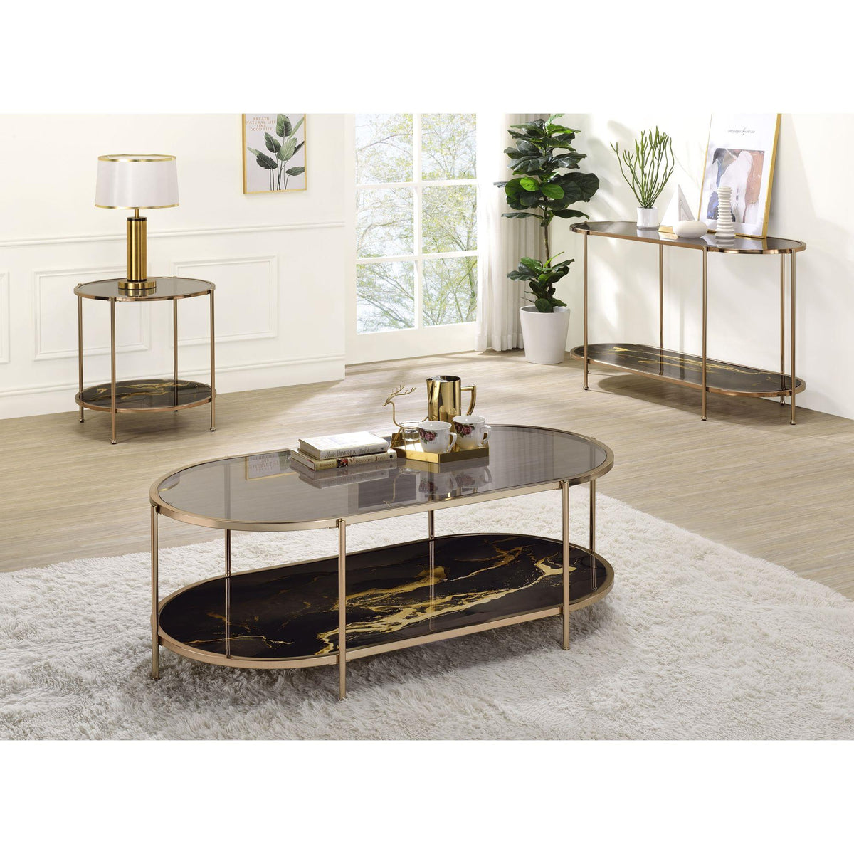 Apex Black Marble Print, Glass & Champagne Finish Coffee Table