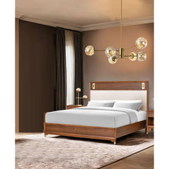 Mid-Century Modern Beautiful 1pc Eastern King Size Bed Walnut Solid wood Upholstered HB w Reading Light Bedroom Furniture