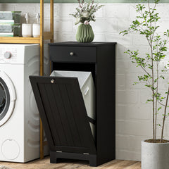 Laundry Hamper Cabinet, Laundry Cabinet with Tilt Out Laundry Basket and Drawer, Black