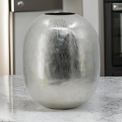 Sanctuary 13 Inch Modern Metal Vase, Curved Round Shape, Metallic Silver Finish