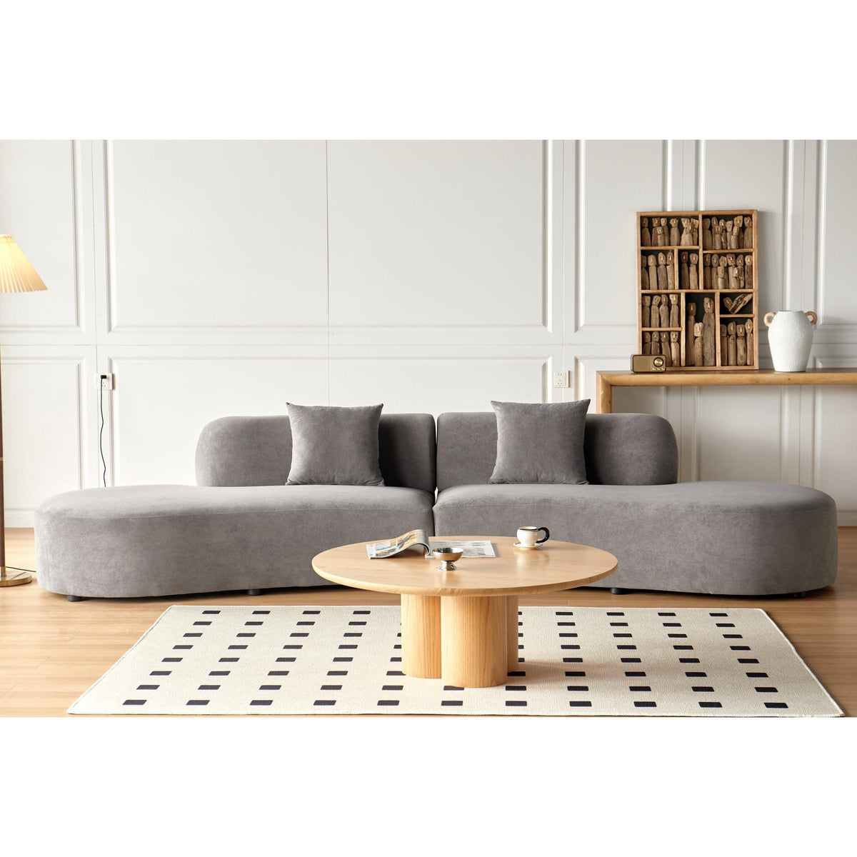 132" Curved Sofa with Throw Pillows, 6 Seater Luxury Velvet Couch with Half Moon Design and High-Density Foam, Ideal for Modern Living Room, Office & Apartment, Grey