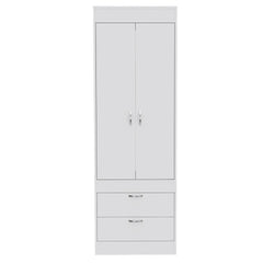 Rhea Armoire, Rod, Double Door, Two Drawers, Metal Handles White
