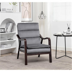 Mid-Century Modern Grey Accent Chair with Wood Armrest, Upholstered Reading Chair for Living Room Bedroom
