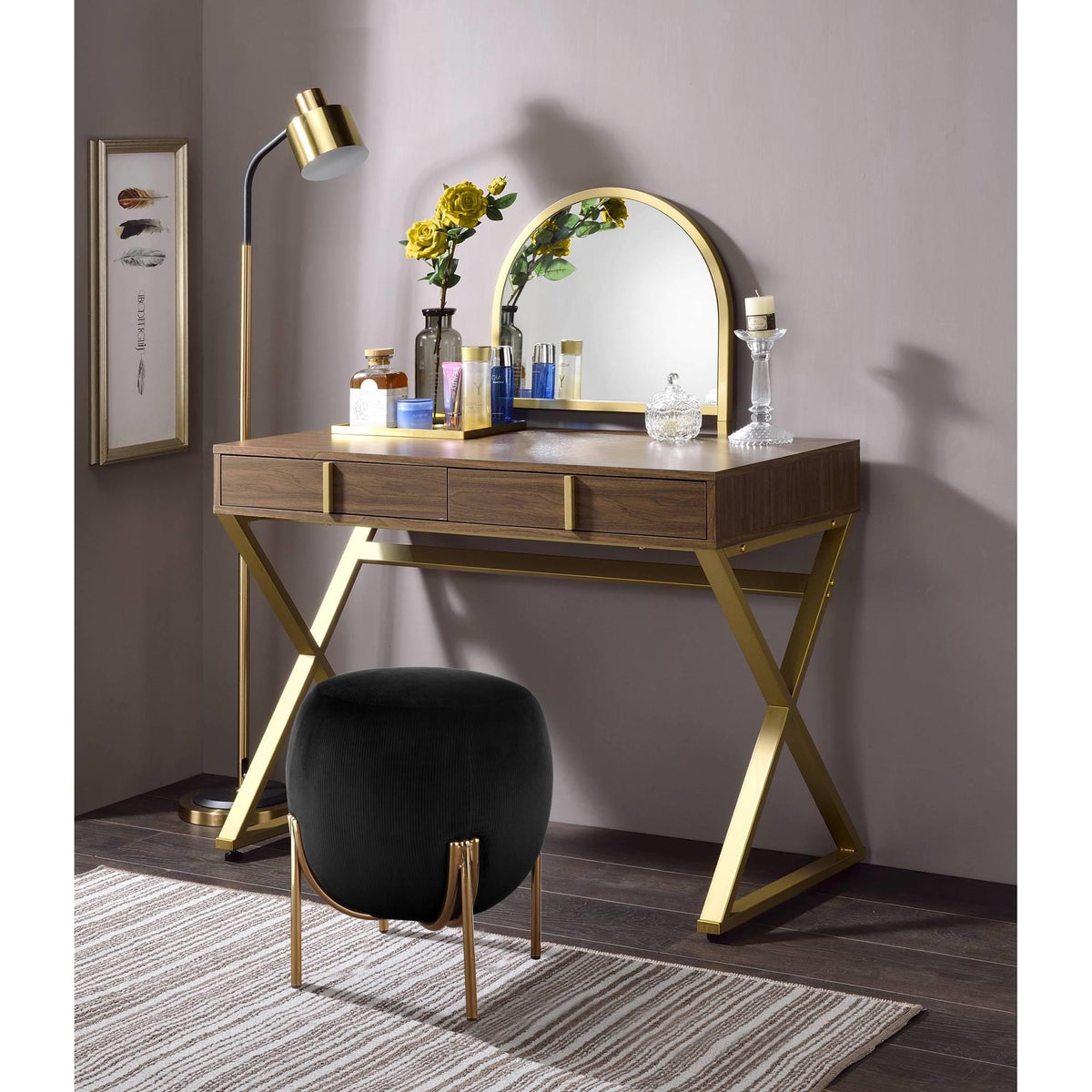 Aura Walnut & Gold Finish Vanity Desk W/Mirror & Jewelry Tray
