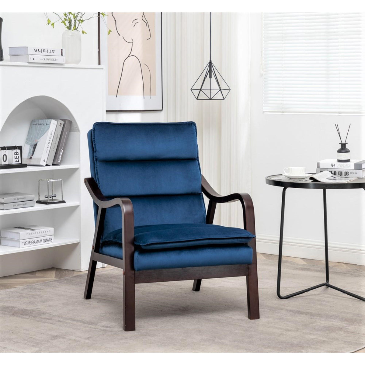 Mid-Century Modern Dark Blue Accent Chair with Wood Armrest, Upholstered Reading Chair for Living Room Bedroom