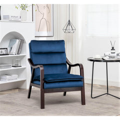 Mid-Century Modern Dark Blue Accent Chair with Wood Armrest, Upholstered Reading Chair for Living Room Bedroom