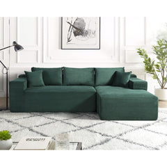 2-Piece Convertible Corduroy L-Shaped Sofa in a Box with Pillows, 3-Seater Modular Sectional Couch, Compressed Living Room Furniture, Dark Green (Right Facing)
