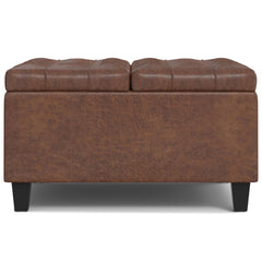 Aeneas 30 inch Wide Small Square Coffee Table Storage Ottoman in Distressed Saddle Brown Vegan Leather