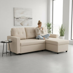 Convertible L-Shaped Sectional Sleeper Sofa Bed, Stylish Apartment Furniture, Saving Pull Out Couch for Small Spaces and Living Rooms, Beige
