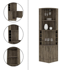 Story Corner Bar Cabinet, Eight Bottle Cubbies, Double Door, Two Open Shelves -Dark Brown