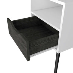 Nightstand 25"H, Superior Top, Four Legs, One Open Shelf, One Drawer, Smokey Oak / White
