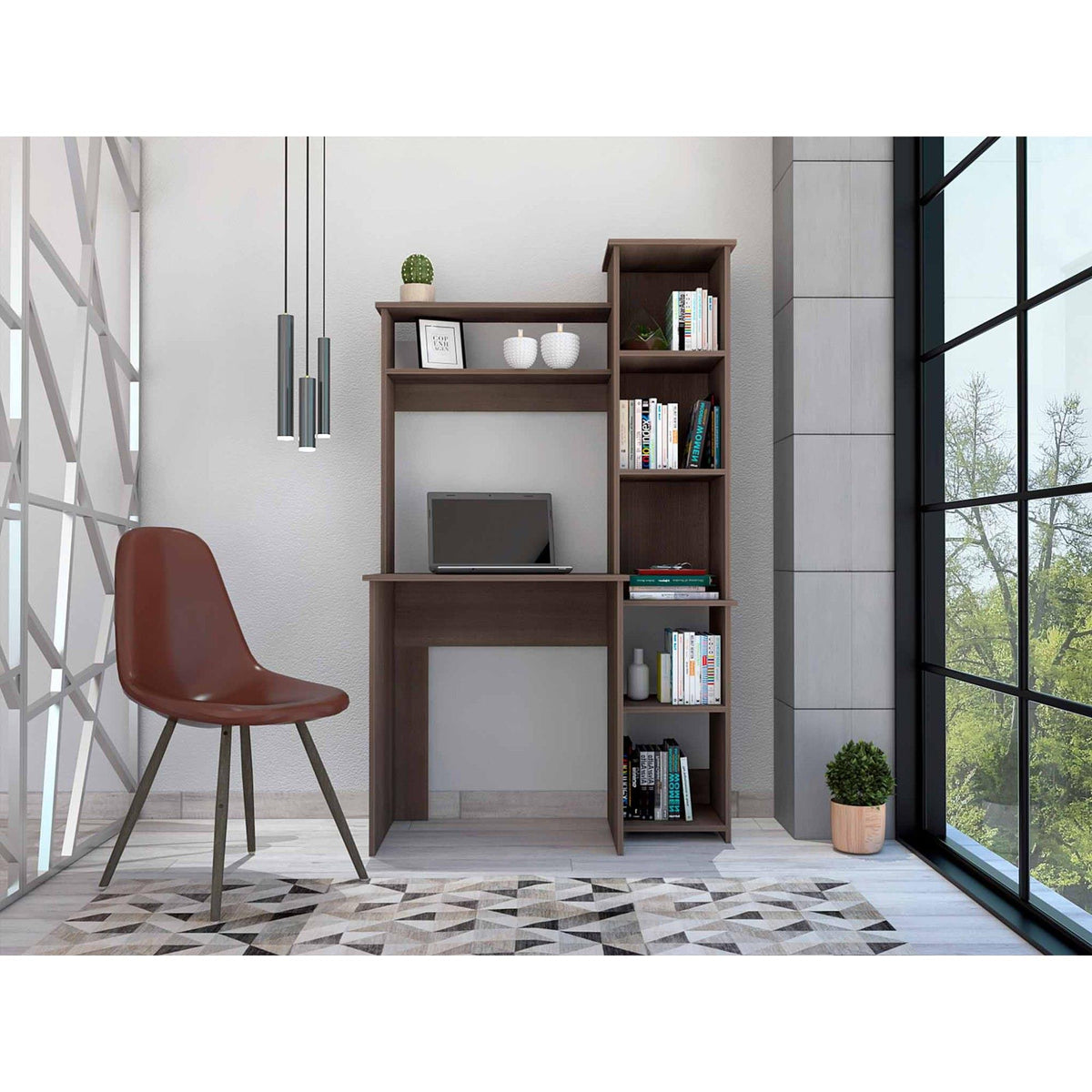 Apex Oak 6-Shelf Writing Desk with Built-in Bookcase