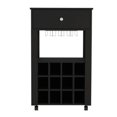 Symphony Bar Cart, Twelve Built-in Wine Rack, Four Legs, One Open Shelf -Black