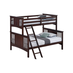 Modern Transitional Style Twin Over Full Bunk Bed With Ladder And Dark Walnut Finish