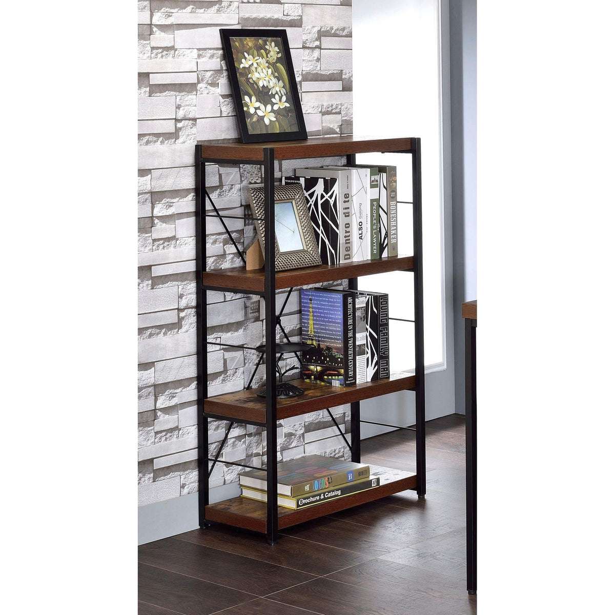 Pluto Oak and Black 3-shelf Bookcase
