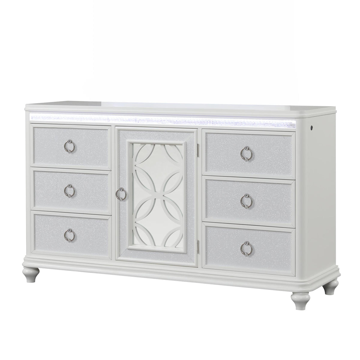 Hades Modern Style 6 Drawer Dresser Made with wood, Metal Drawer Pulls and LED in White(Includes Dresser Only - Mirror not included)