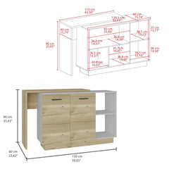 Galaxy Kitchen Island, Two External Shelves, Double Door Cabinets, Three Shelves -White / Light Oak