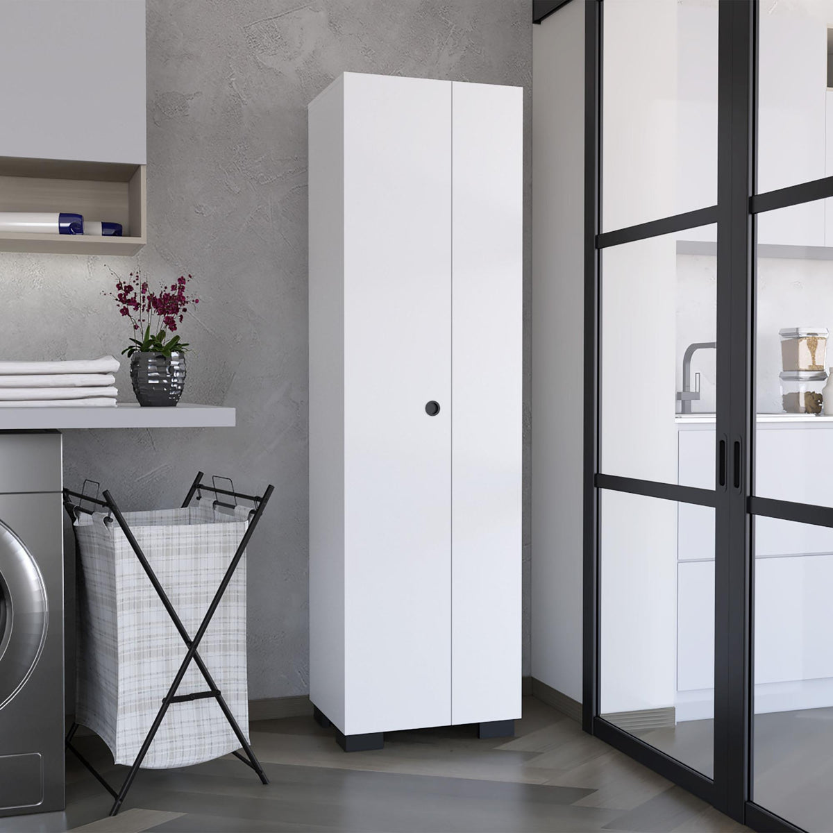 Orion Broom Cabinet Slim-Design Storage Solution with Inner Shelves and Side Broom Hangers White