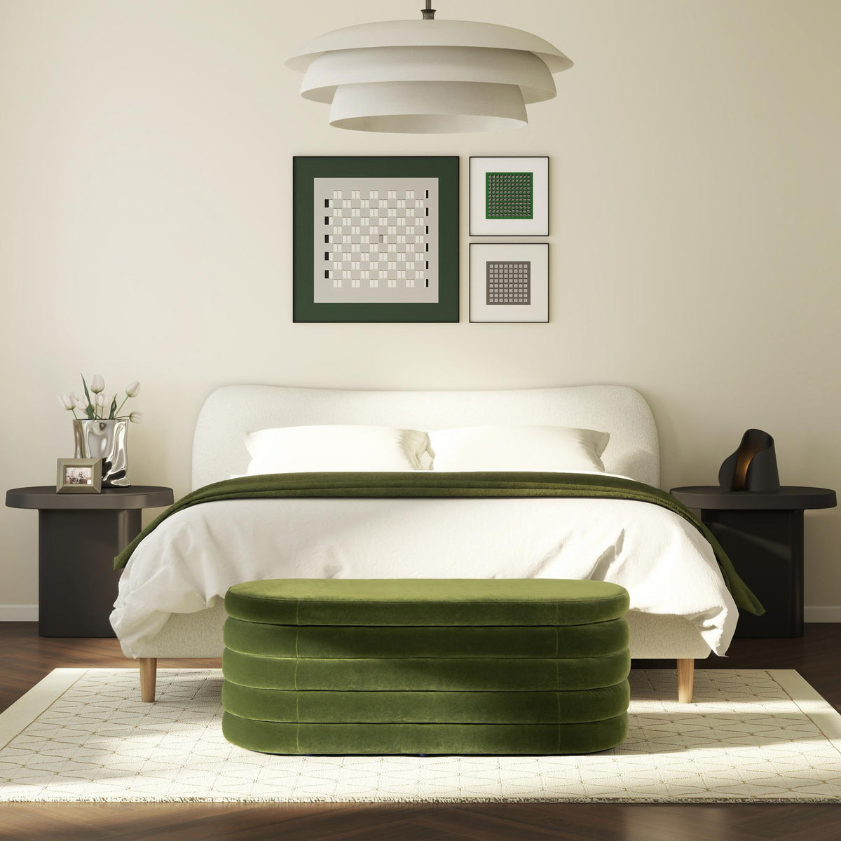 Tale 49" Upholstered Oval Storage Bench, Olive Green Performance Velvet
