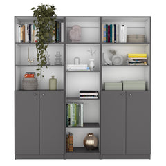 Lyra 3 Piece Home Bookcase set, 67" Wide with 11 Shelves and Two Double-Door Cabinet , Living Room Set Matt Gray / White