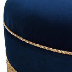 Planet 24" Round Upholstered Accent Ottoman, Navy Blue Velvet with Gold Trim