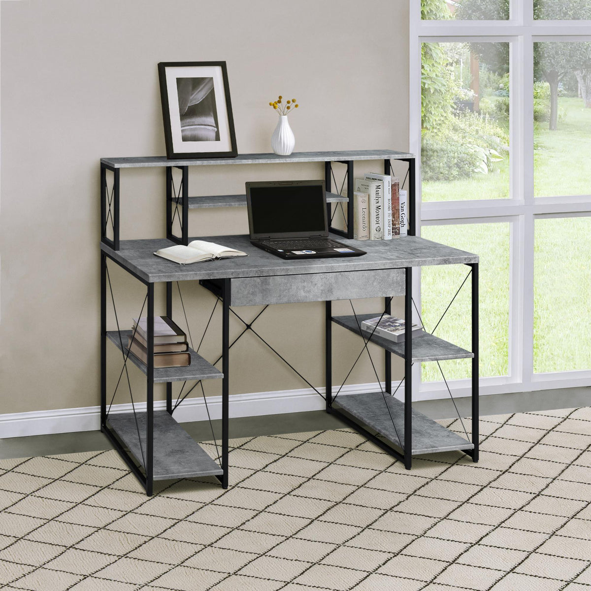Iphigenia and Black Office Desk with Open Shelves and Hutch
