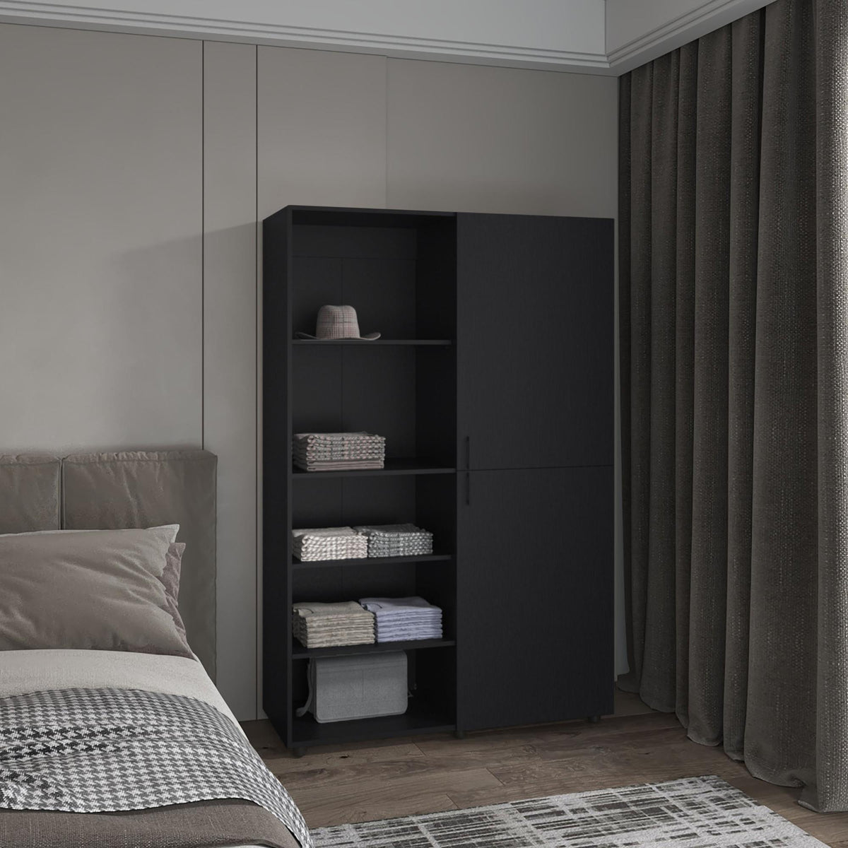 Eco High One Door Freestanding Armoire With Hanging Rod And Interior Shelves, Compact Bedroom Wardrobe, Black