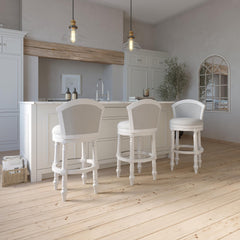 31" Wood Barrel-Back Bar Stool with Swivel and Upholstered Seat and Back, Farmhouse White with Light Gray Seat and Back, 1PC