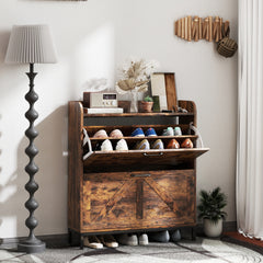 Shoe Cabinet Organizer with 2 Flip Drawers, Legs, Narrow Shoe Storage Cabinet for Entryway, Hallway, Rustic Brown
