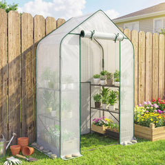 Greenhouse for Outdoors, Portable Greenhouse with 6 Shelves, UV-Resistant PE Cover, Roll-Up Door, White