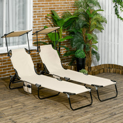 Chaise Lounge Pool Lounge Chairs Set of 2, Outdoor Sun Tanning Chairs, Reclining Back, Steel Frame and Side Pocket, Tan