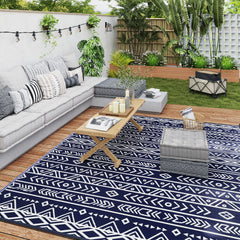 Reversible Outdoor Rug, Waterproof Plastic Straw with Carry Bag, 8' x 10', Blue & White Geometric