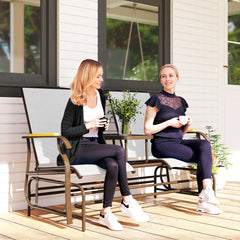 Outdoor 2-Person Glider Bench, Outside Glider Swing Chair Loveseat with Table, Steel Frame, Cream White