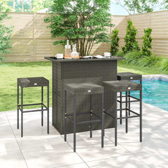 5 Piece Rattan Wicker Bar Set, High Top Outdoor Table and Chairs, Bar Height Patio Set, 2 Shelves & 4 Bar Stools, Gray