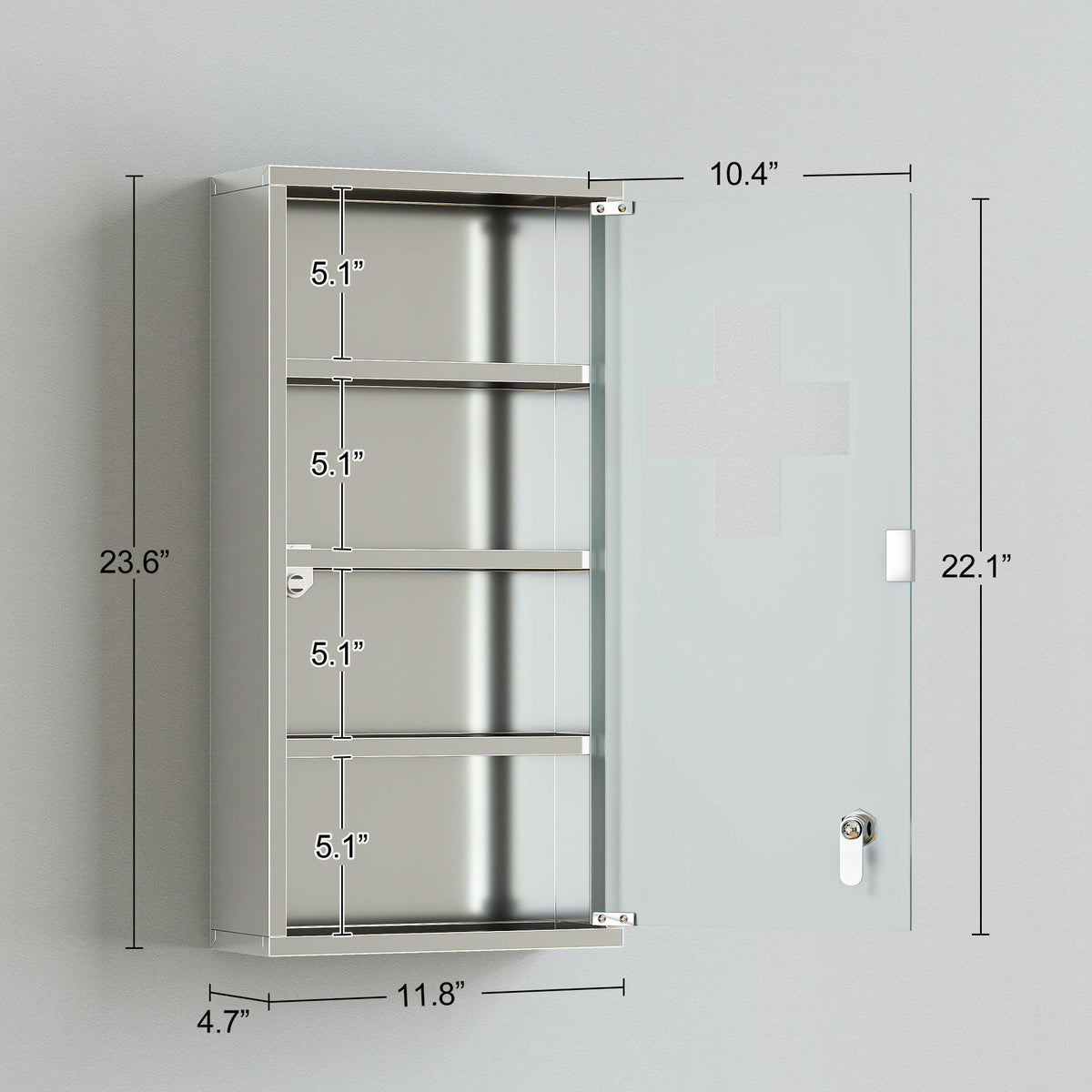 12" x 24" Lockable Medicine Cabinet, 4 Tier Stainless Steel Medical Wall Box with 2 Keys and Shelves for Bathroom