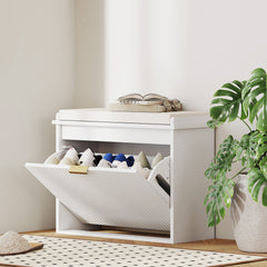 Shoe Storage Bench with Padded Seat Cushion and Flip-Drawer, Entryway Bench, Shoe Cabinet, 24.4x10.2x18.7 Inches, White