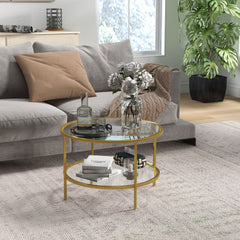 Side Table with Storage, 26" Round End Table, 2-Tier Tempered Glass Coffee Table with Steel Frame for Living Room, Gold