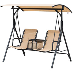 2 Person Porch Swing with Canopy, Storage Table, Cup Holder, Beige