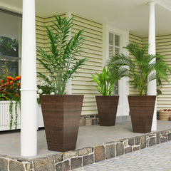 Set of 3 Tall Planters, 28" Outdoor Planter w/ Drainage Holes, Faux Wood Plastic Flower Pots, Brown