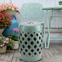 13" x 18" Ceramic Garden Stool with Woven Lattice Design & Glazed Strong Materials Decorative Outdoor Stool, Antique Blue