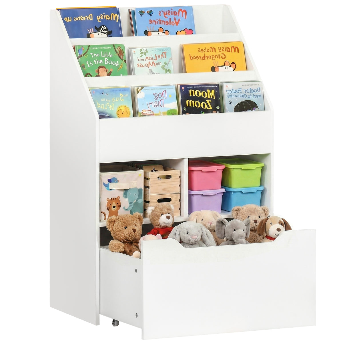 Kids Bookcase Multi-Shelf Book Rack with Mobile Drawer for Books, Toys, White