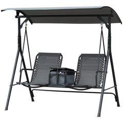 2 Person Porch Swing with Canopy, Storage Table, Cup Holder, Gray